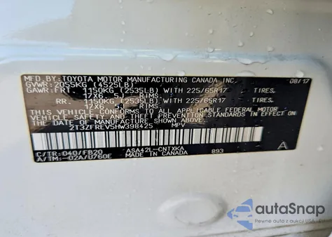 2017 Toyota Rav4 Le из США, поврежденный, VIN 2T3ZFREV5HW398425